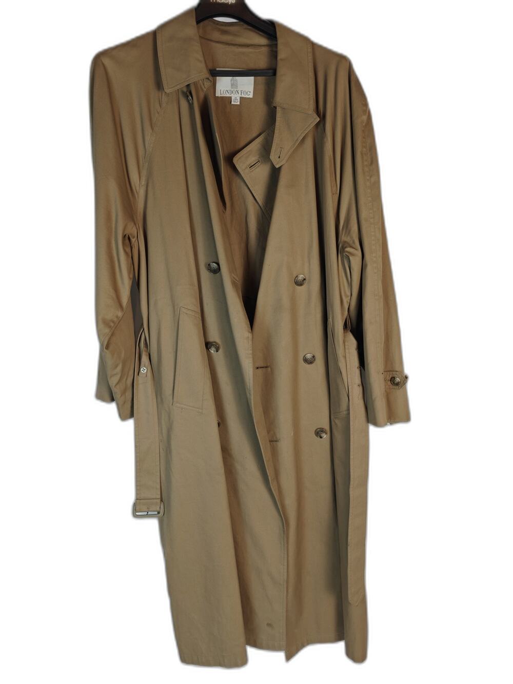 London Fog Men's Tan Trench Coat 46 Long Belted Double Breasted Rain Coat